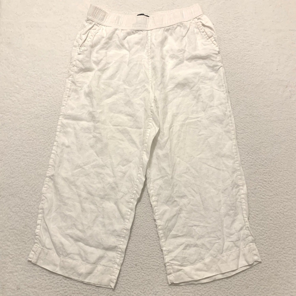 Tahari 100% Linen Wide Leg Cropped Pants Womens L 32x24 Nautical Coastal White